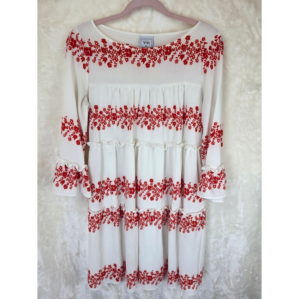 ViVi by Violet‎ Weekend Womens White Red Floral Embroidered Tiered Mini Dress S